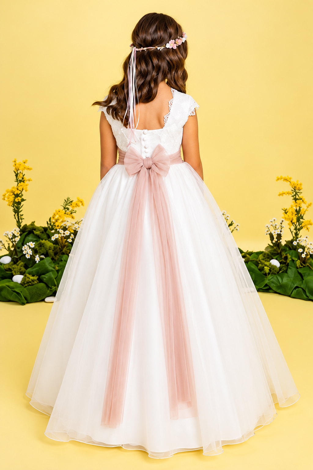 Vestido de comunión Lilus blanco roto con falda de organza y fajín rosa empolvado