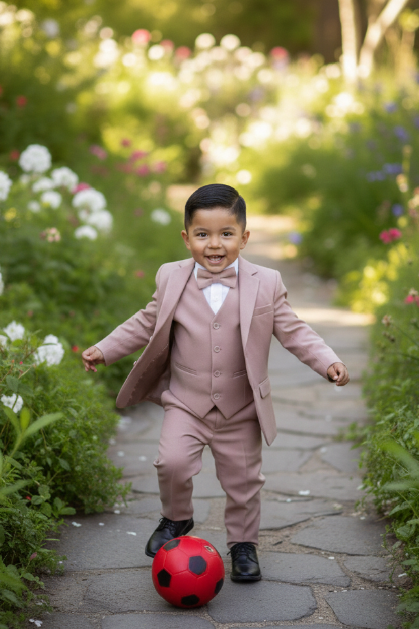 Traje de niño 5 piezas rosado.