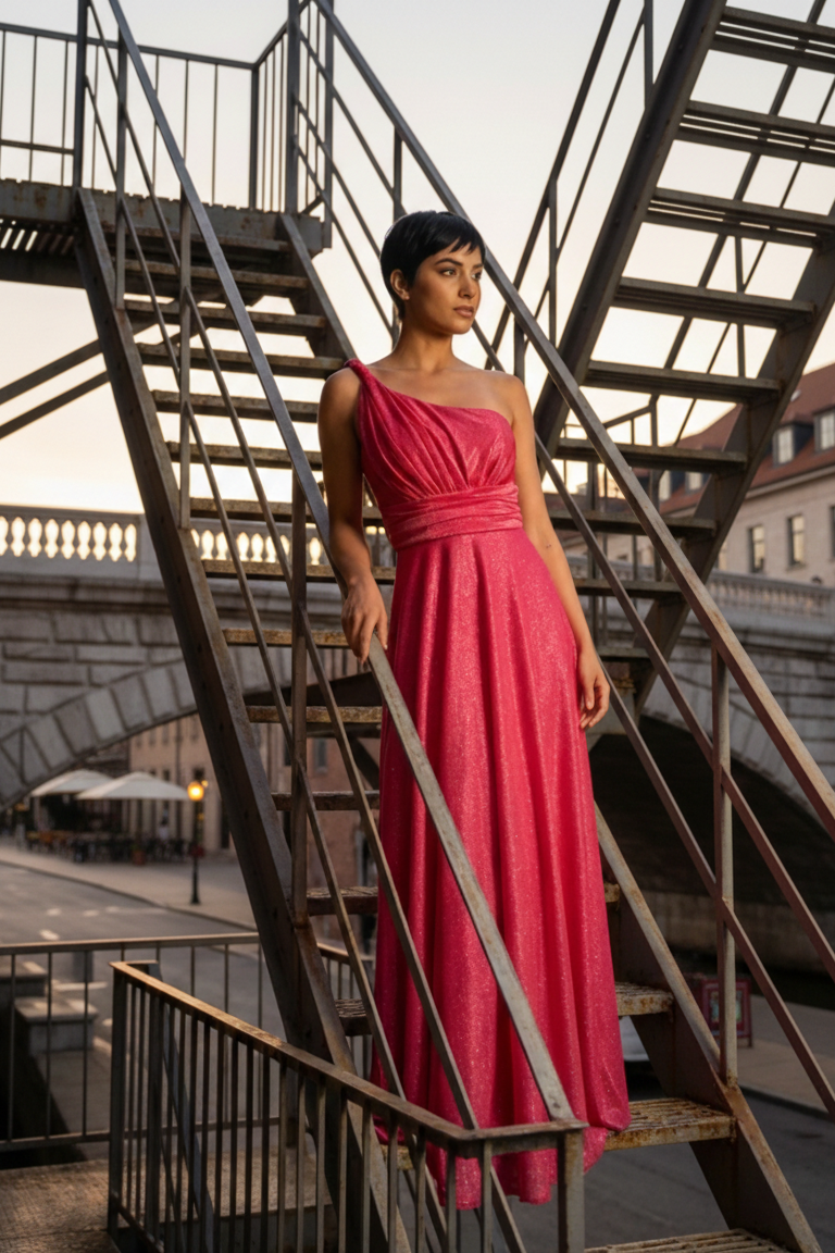 Vestido de fiesta fucsia asimétrico