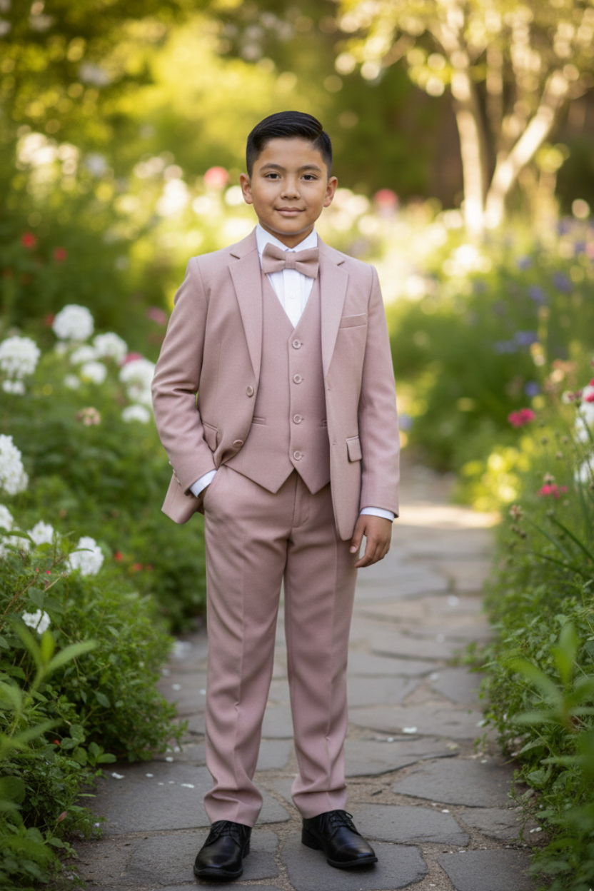 Traje de niño 5 piezas rosado.