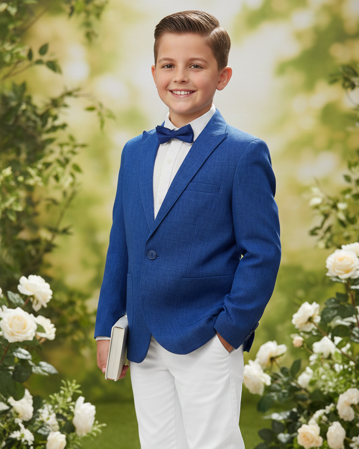 Traje de niño azul y blanco