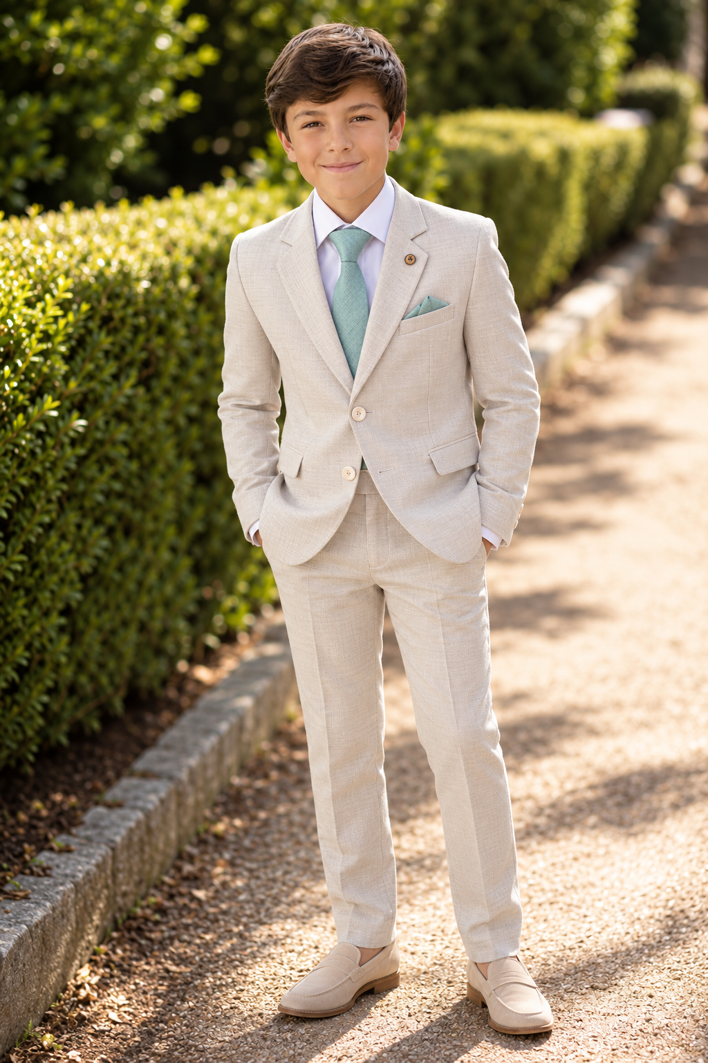 Traje de Comunión Niño Beige con Corbata Verde Agua