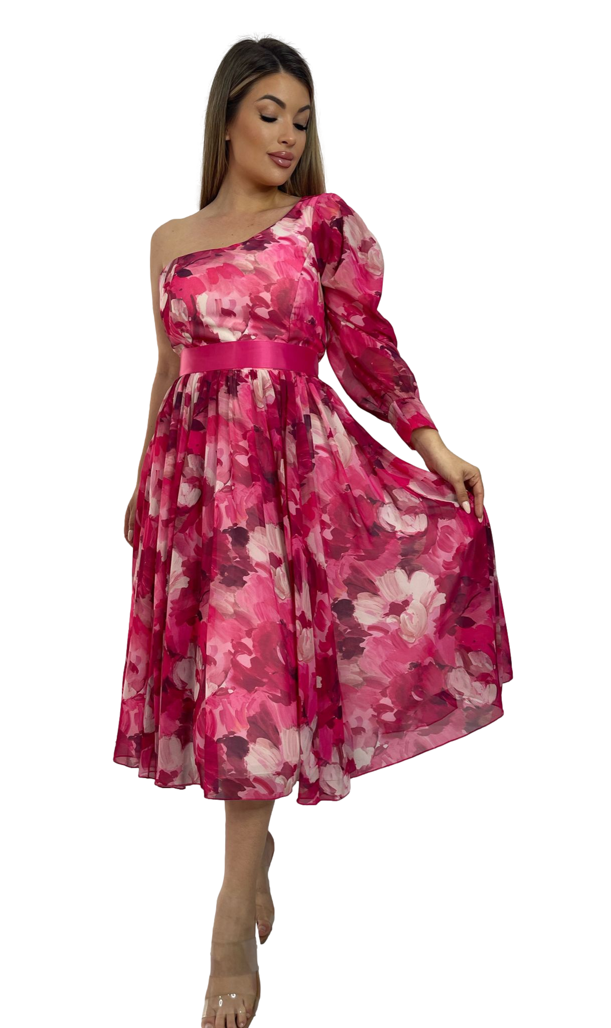 Vestido midi asimétrico fucsia