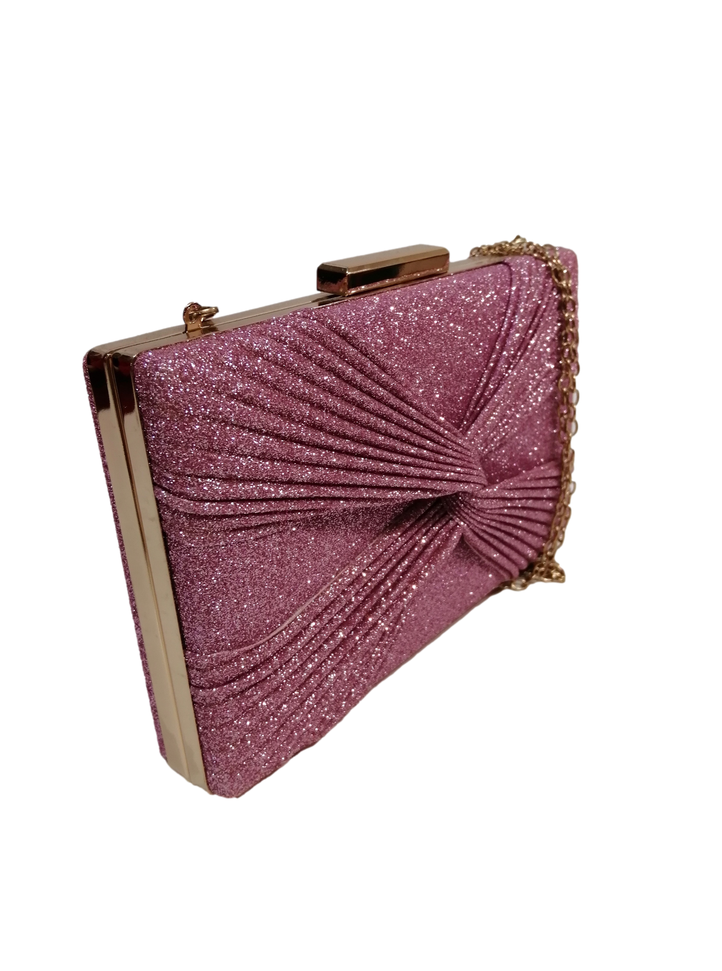 Embossed pink clutch.