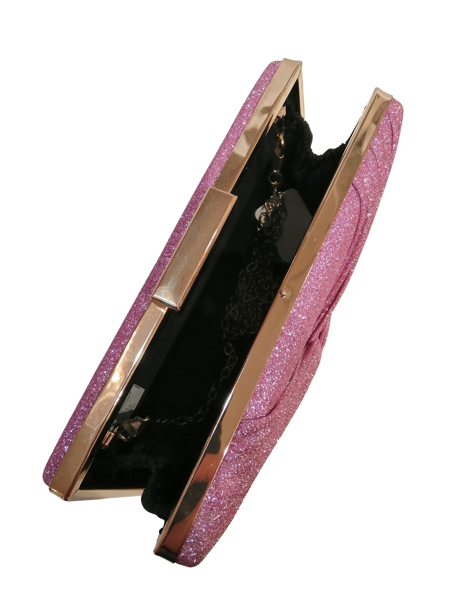 Embossed pink clutch.