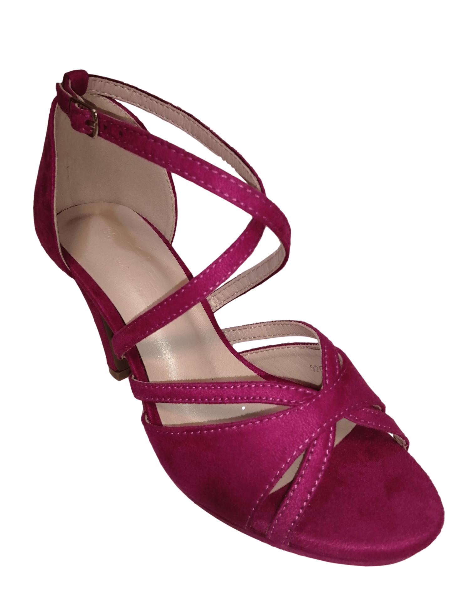 Sandalia de tacón tiras fucsia.