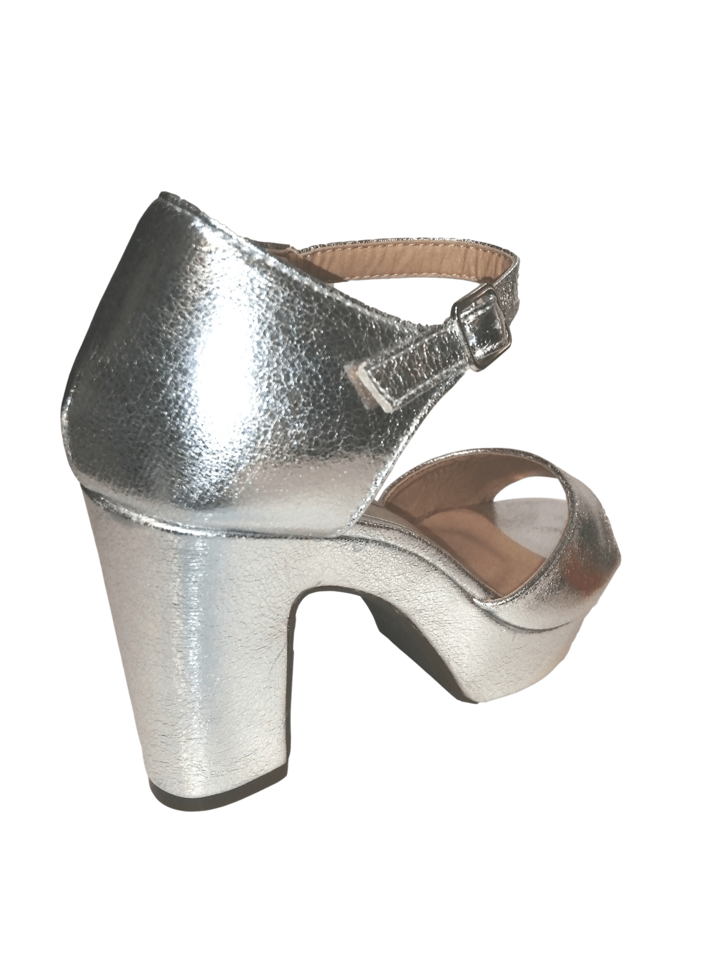 Silver platform and heeled sandal.