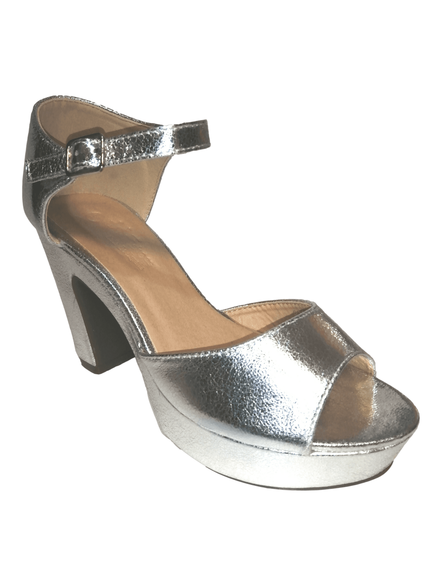 Silver platform and heeled sandal.