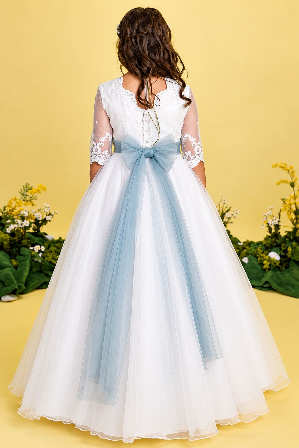 Vestido de Comunión Niña Lilus con Lazada Verde Agua