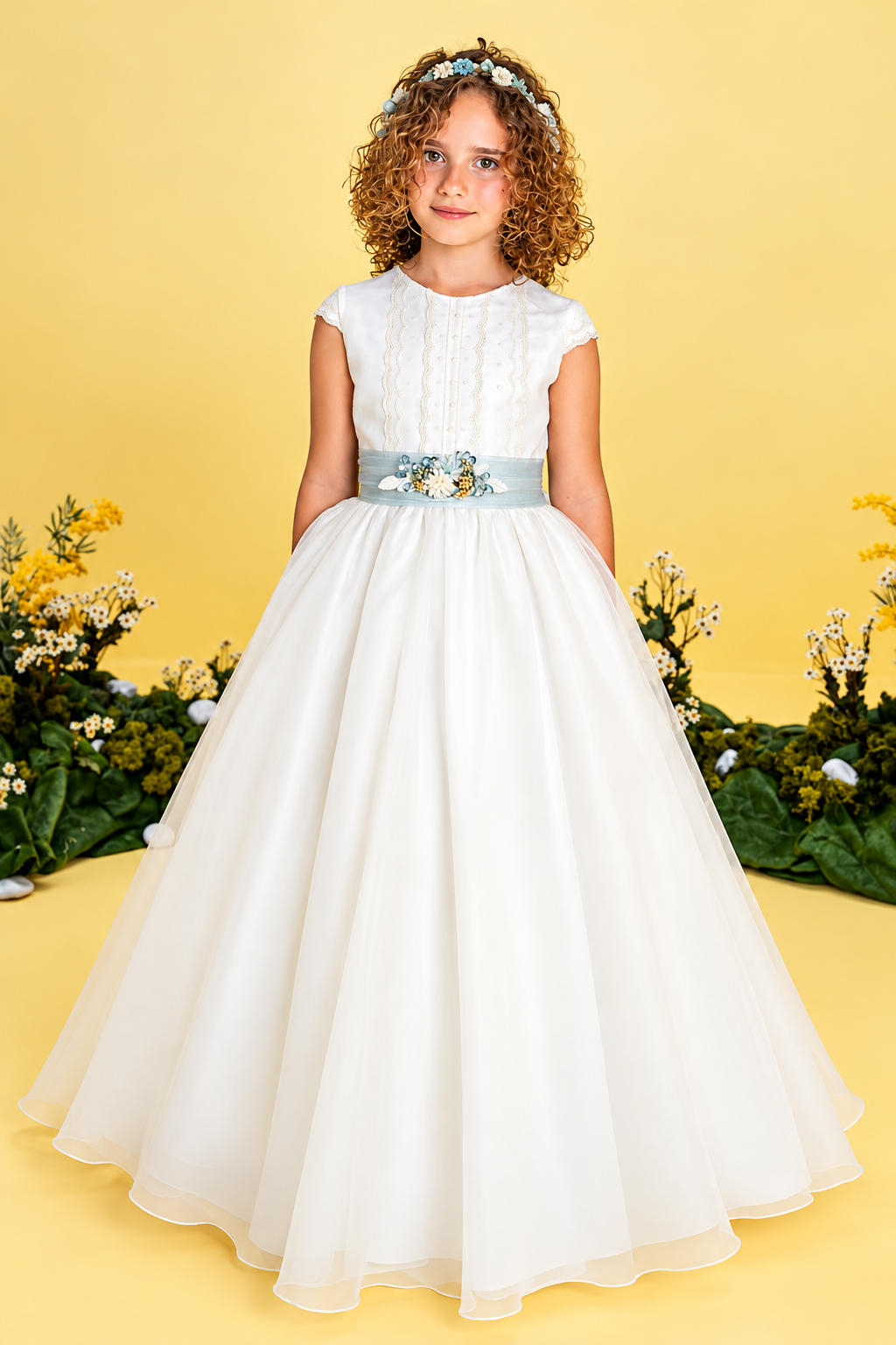 Vestido de comunión niña Lilus blanco roto con falda de organza y fajín azul celeste.