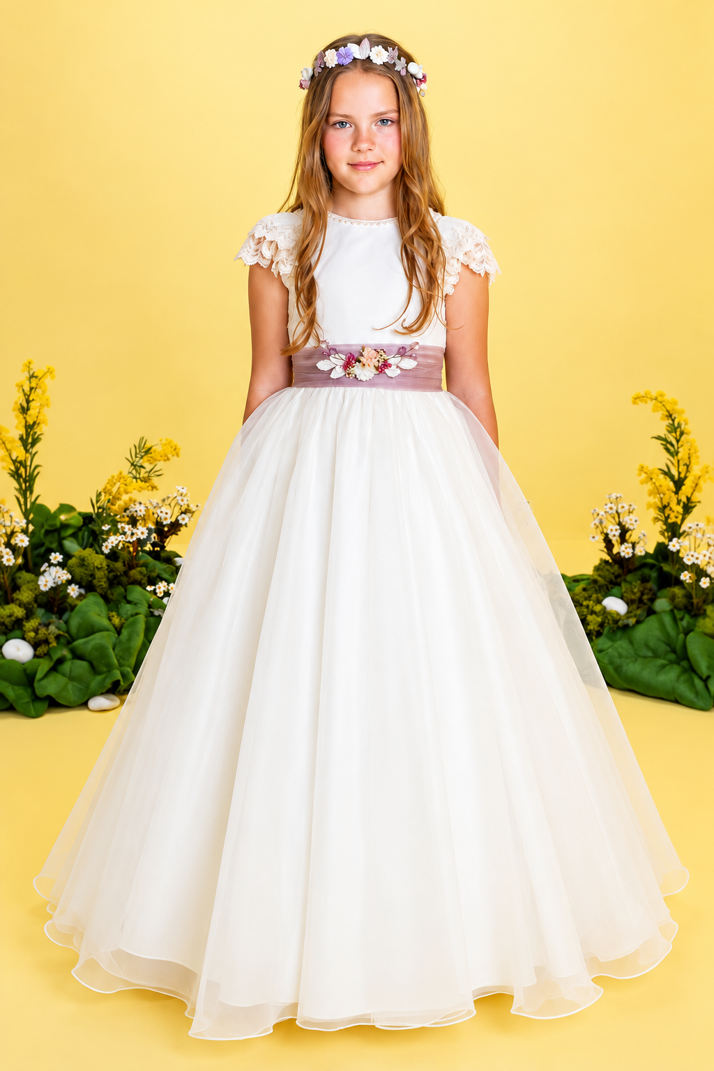 Vestido de comunión niña Lilus blanco roto con falda de organza y fajín malva