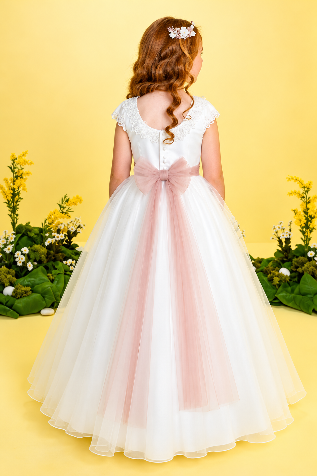 Parte trasera del vestido de comunión Lilus con falda de organza y gran lazada de tul rosa empolvado.