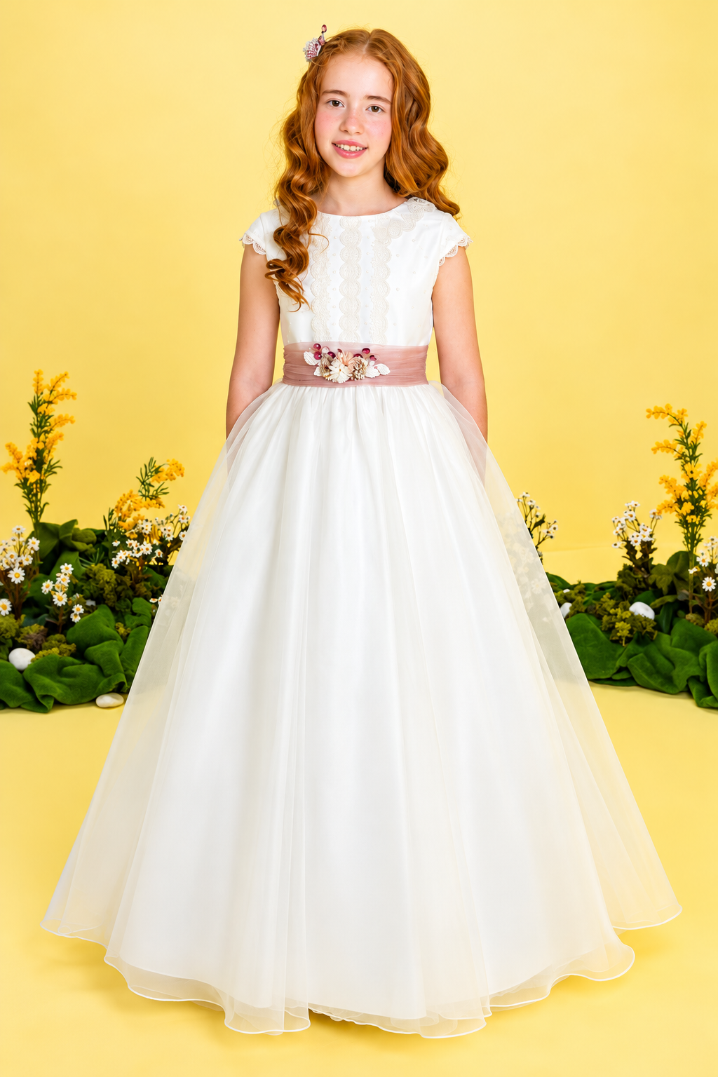 Vestido de comunión Lilus para niña en blanco roto con falda de organza, encaje y cintura rosa empolvado.