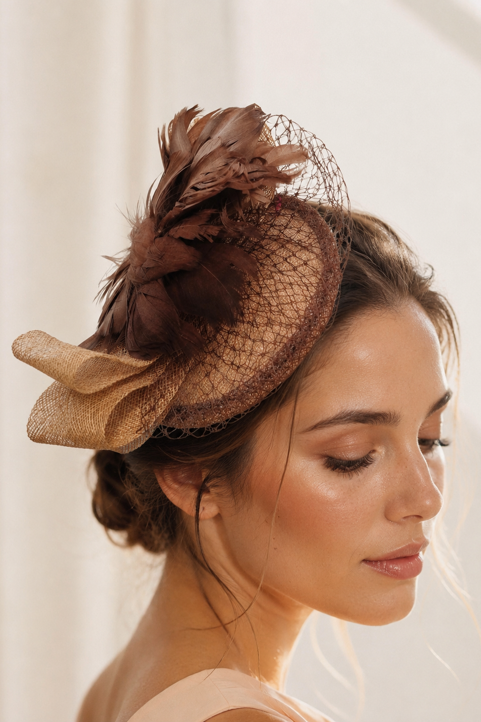 Tocado chocolate con plumas y redecilla.