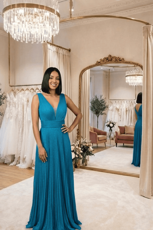 Vestido Largo Plisado Turquesa