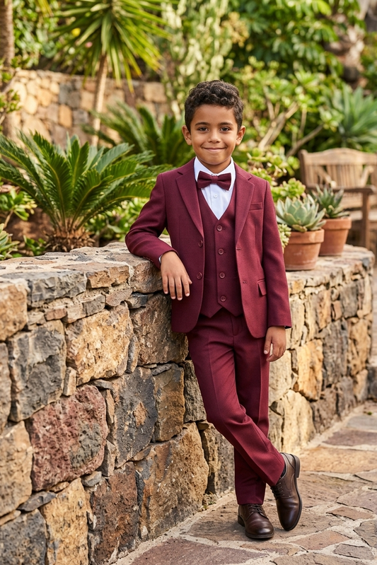 Traje de niño 5 piezas burdeos.