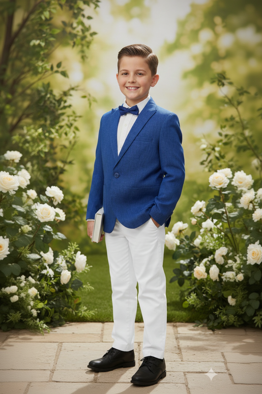 Traje de niño azul y blanco