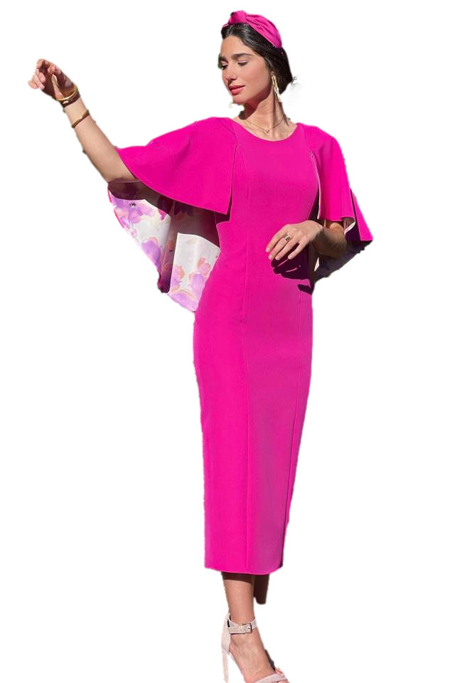 Vestido midi capa fucsia