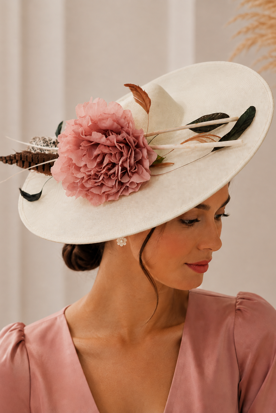 Pamela Beige con Flor Rosa. Diámetro 40 cm.