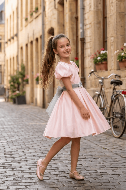 Vestido de arras rosa lazada verde