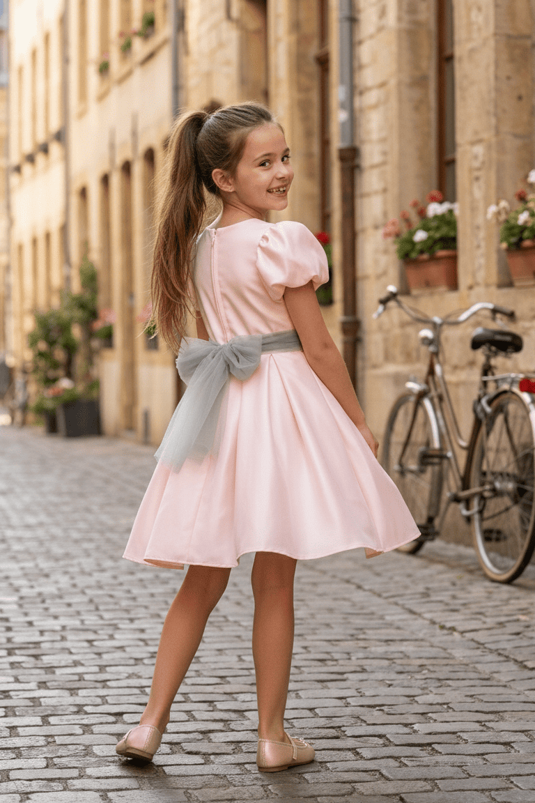 Vestido de arras rosa lazada verde