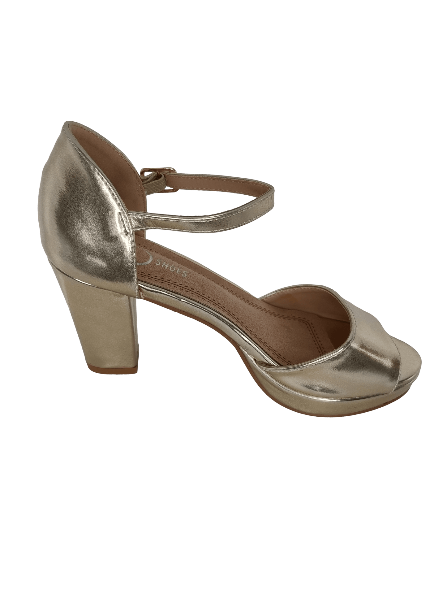 Sandalia de tacón y plataforma dorada.