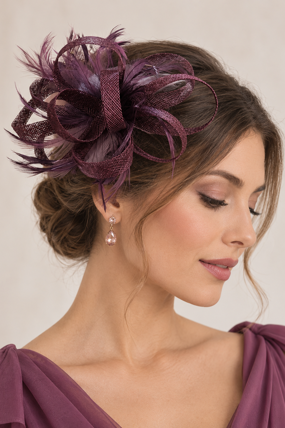 Tocado Morado Plumas y Sinamay