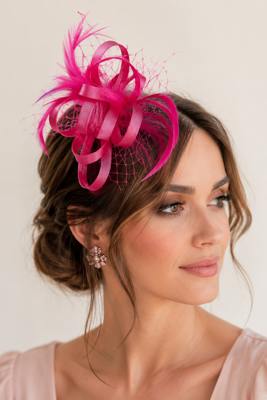 Tocado Pequeño Fucsia Plumas y Lazadas