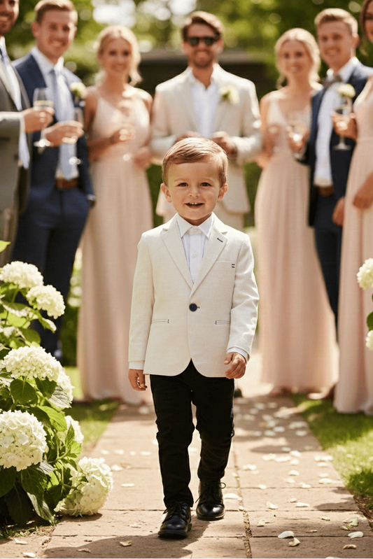 Traje de niño 3 piezas crema-azul marino.